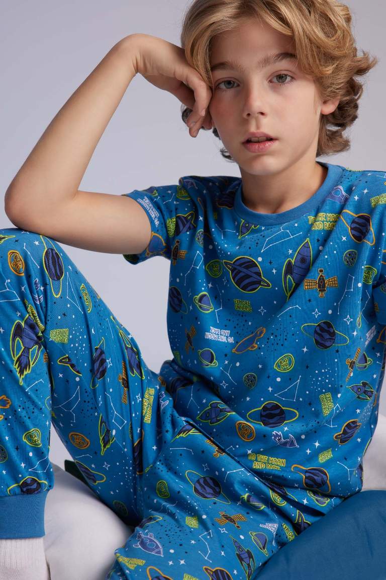 Erkek Çocuk Pijama Takımı Bisiklet Yaka Desenli Kısa Kollu Üst Uzun Alt