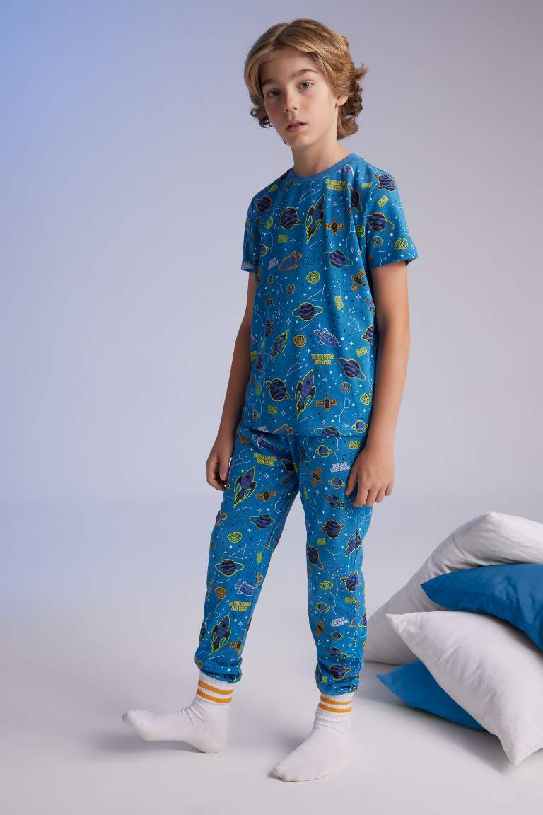 Erkek Çocuk Pijama Takımı Bisiklet Yaka Desenli Kısa Kollu Üst Uzun Alt