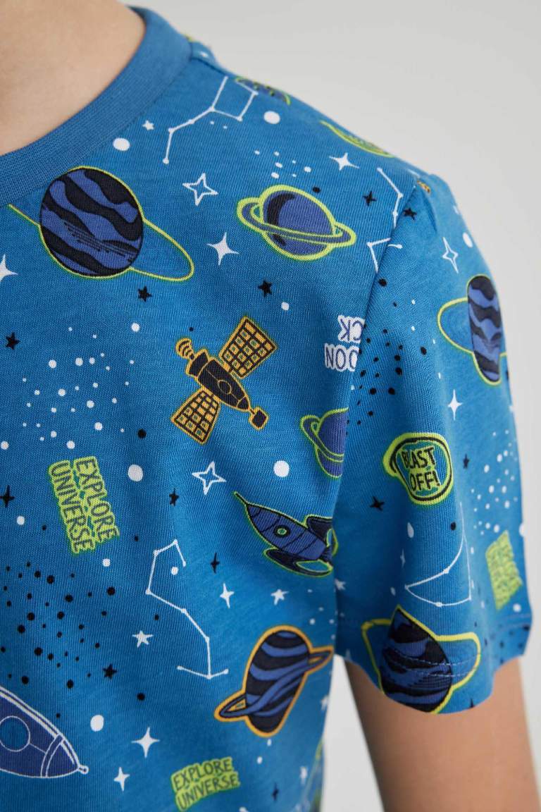 Erkek Çocuk Pijama Takımı Bisiklet Yaka Desenli Kısa Kollu Üst Uzun Alt