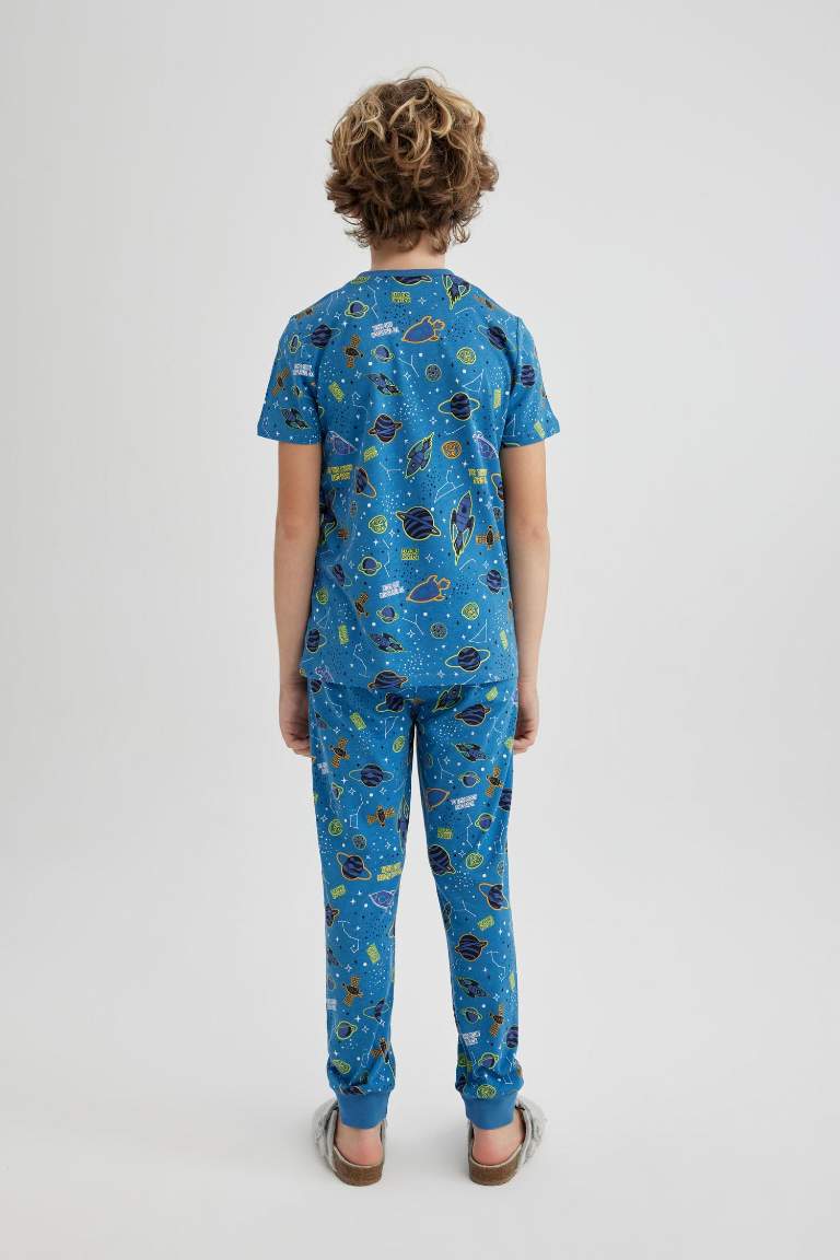 Erkek Çocuk Pijama Takımı Bisiklet Yaka Desenli Kısa Kollu Üst Uzun Alt