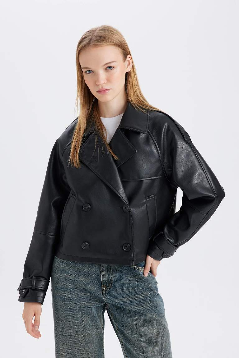 Regular Fit Taffeta Faux Leather Trench Coat