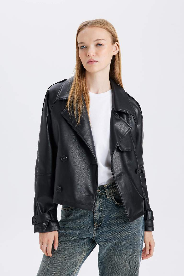 Regular Fit Taffeta Faux Leather Trench Coat