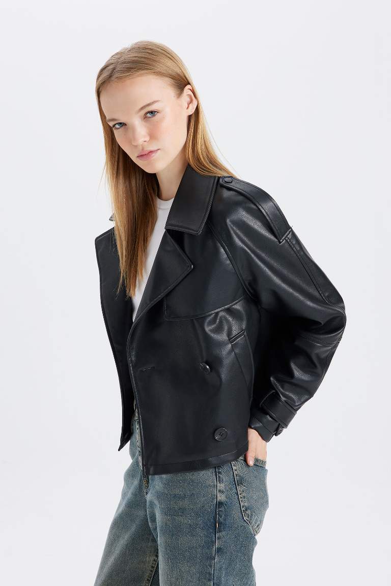 Regular Fit Taffeta Faux Leather Trench Coat