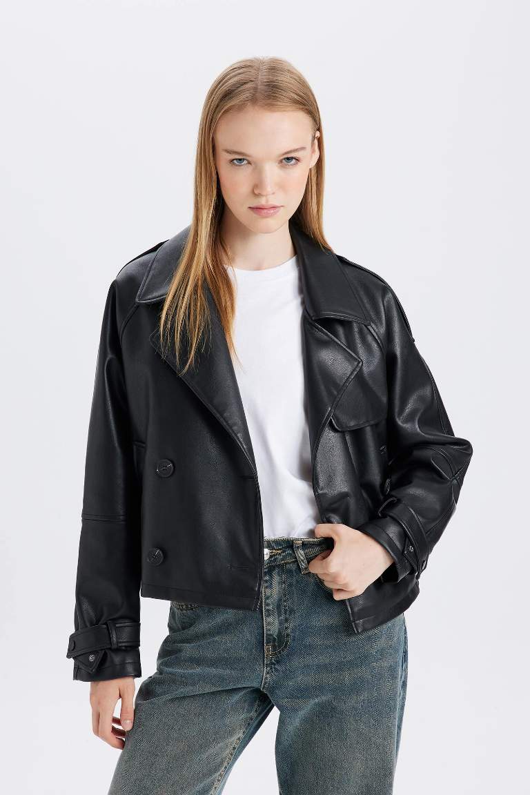 Regular Fit Taffeta Faux Leather Trench Coat