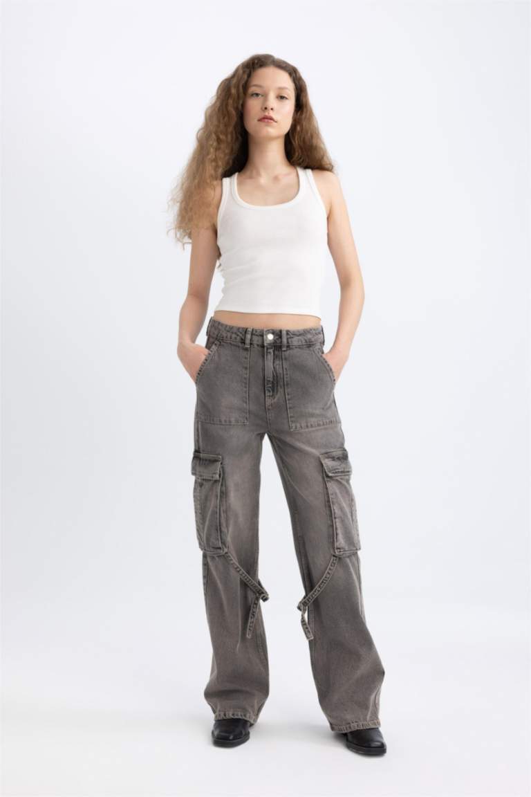 Wide Leg Cargo High Waist Long Jeans