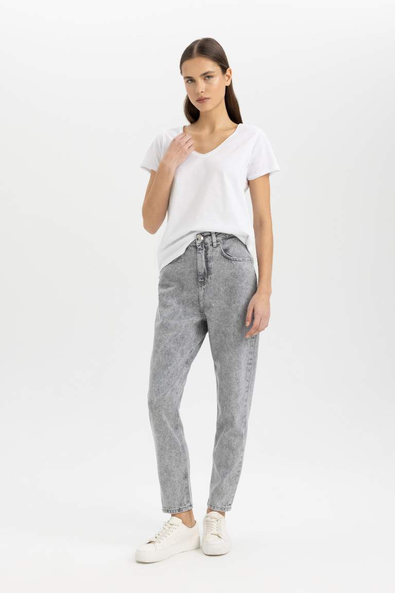 Pantalon Jean Mom Fit Taille Haute Délavé pour Fille