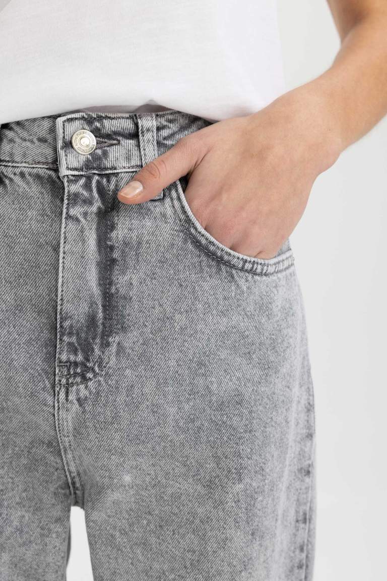 Pantalon Jean Mom Fit Taille Haute Délavé pour Fille