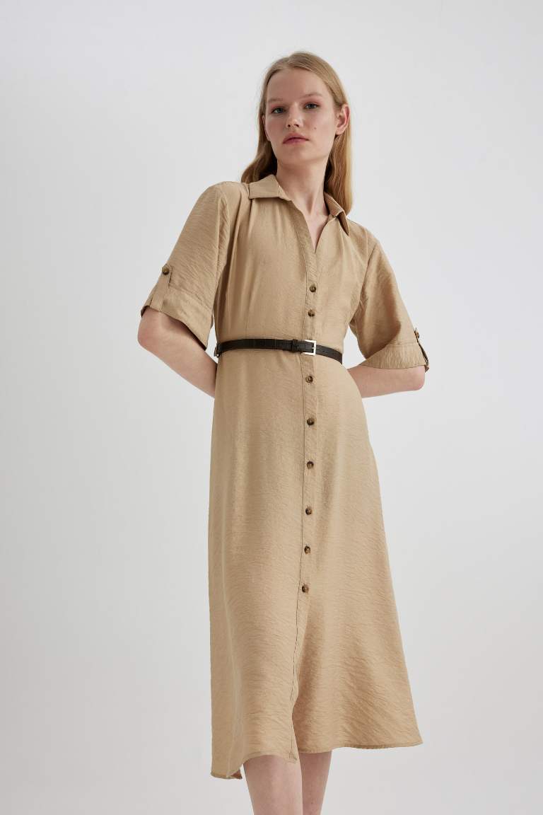 Shirt Collar Half Sleeve Belted Midi Dress