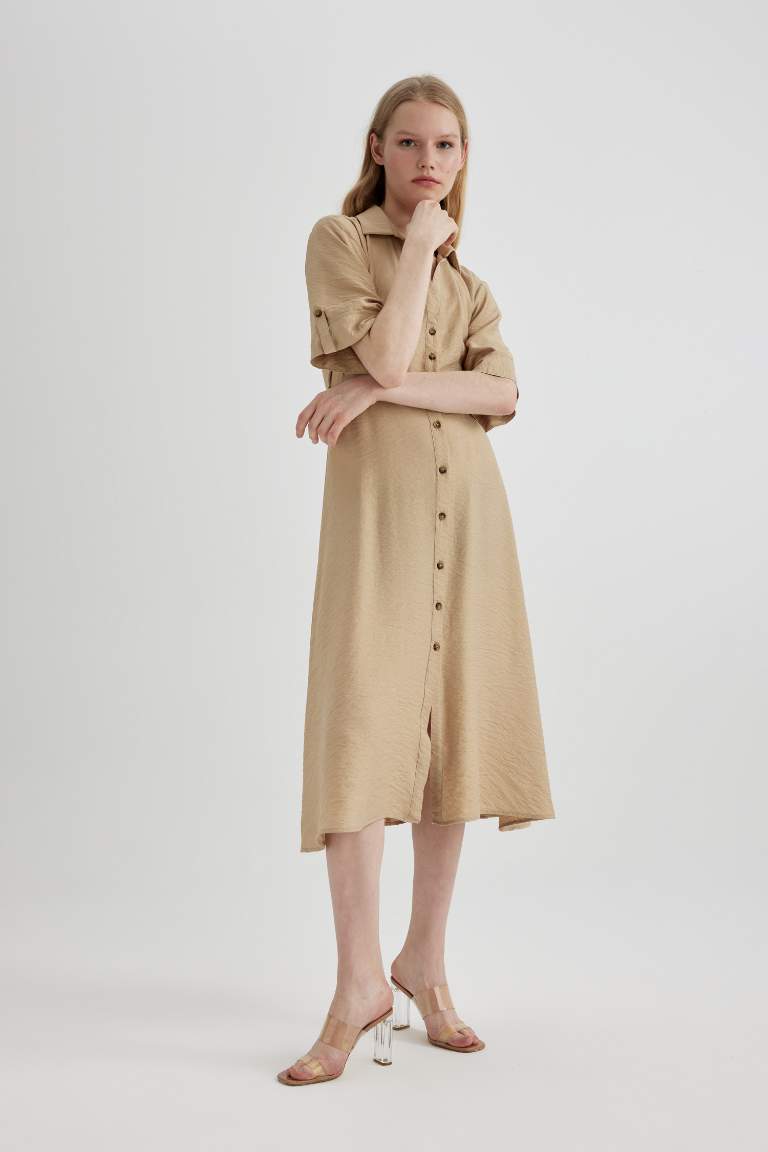 Shirt Collar Half Sleeve Belted Midi Dress