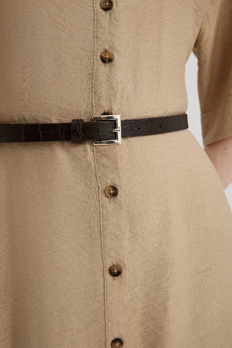 Shirt Collar Half Sleeve Belted Midi Dress