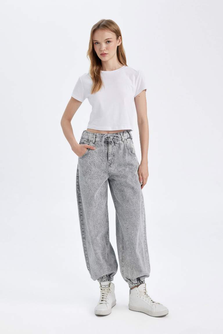 Pantalon Jogging en Jean Taille Haute Délavé