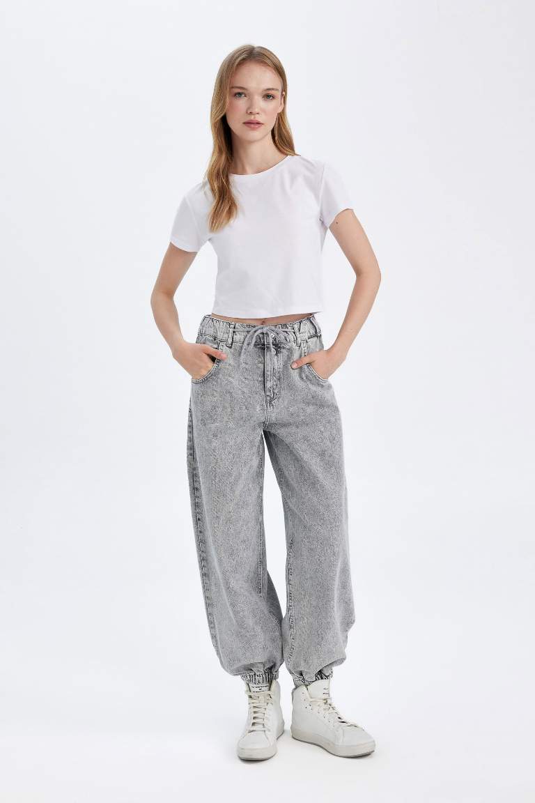 Pantalon Jogging en Jean Taille Haute Délavé