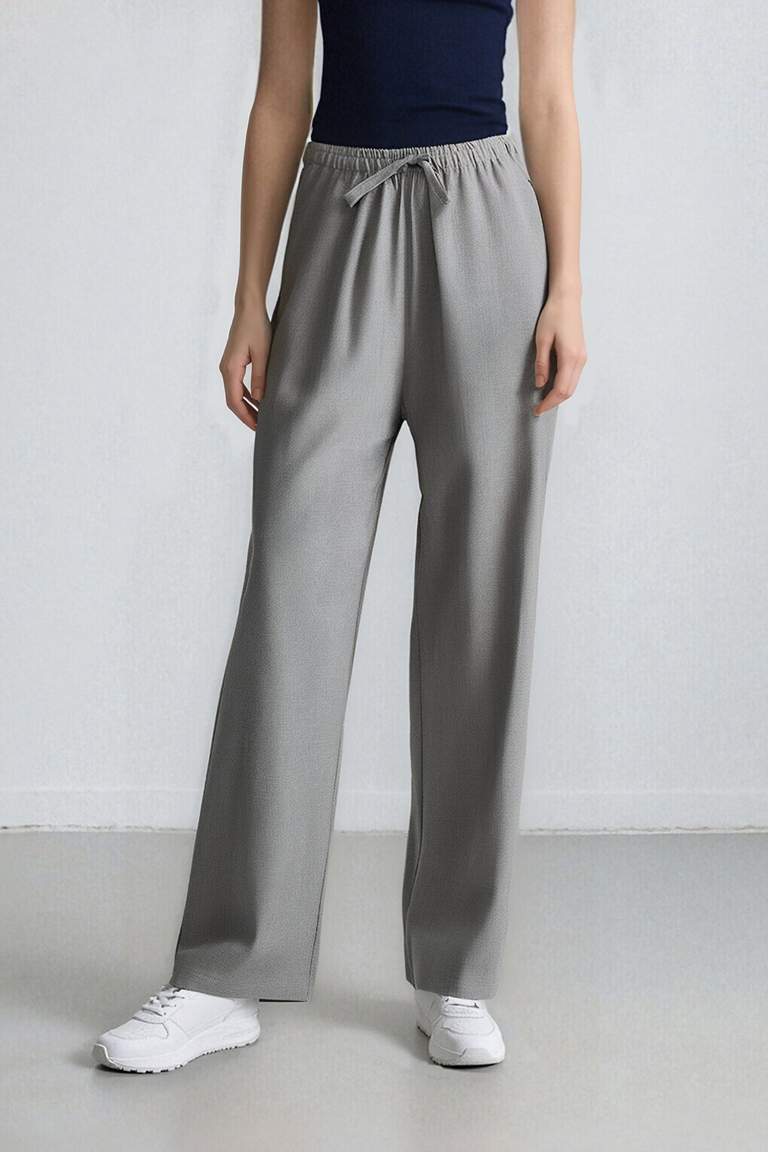 Afra x Defacto Coool Wide Leg Kumaş Palazzo Pantolon Geniş Bol Paça Beli Lastikli Bağcıklı Cepli