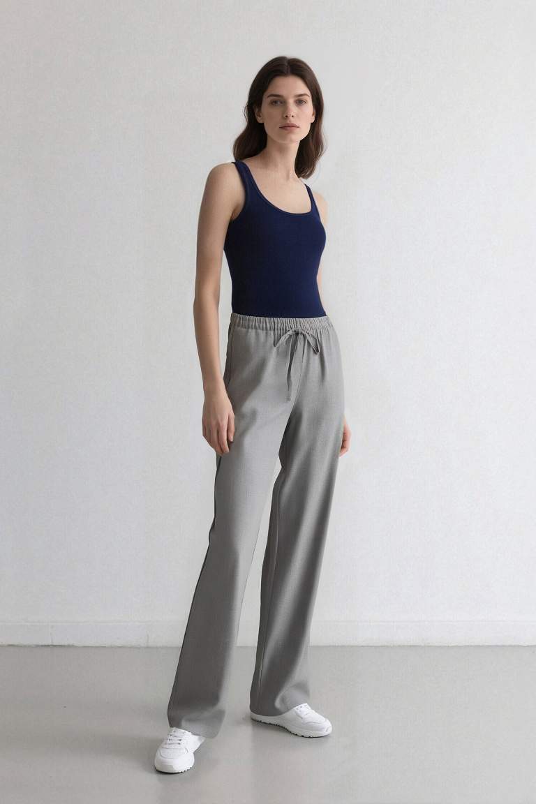 Afra x Defacto Coool Wide Leg Kumaş Palazzo Pantolon Geniş Bol Paça Beli Lastikli Bağcıklı Cepli