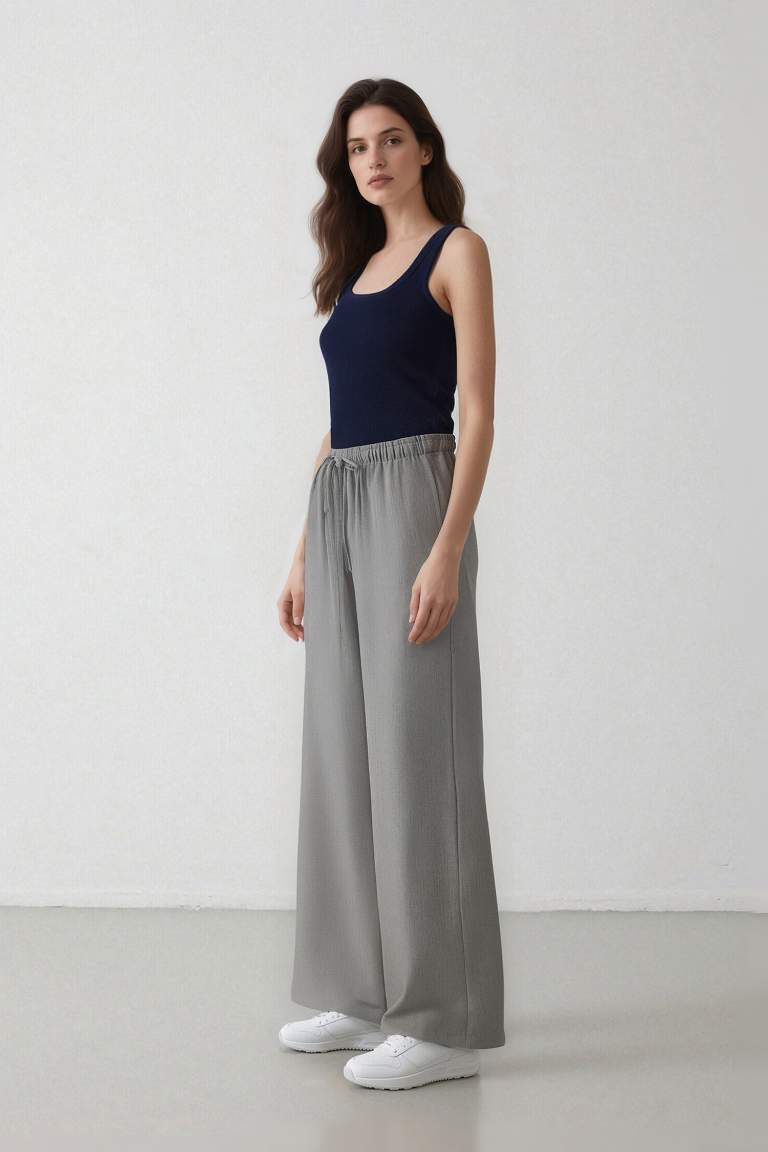 Afra x Defacto Coool Wide Leg Kumaş Palazzo Pantolon Geniş Bol Paça Beli Lastikli Bağcıklı Cepli