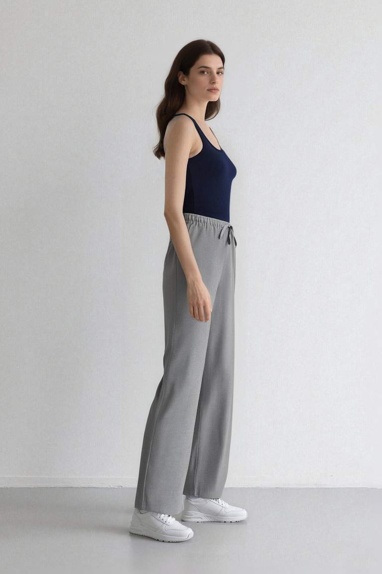 Afra x Defacto Coool Wide Leg Kumaş Palazzo Pantolon Geniş Bol Paça Beli Lastikli Bağcıklı Cepli
