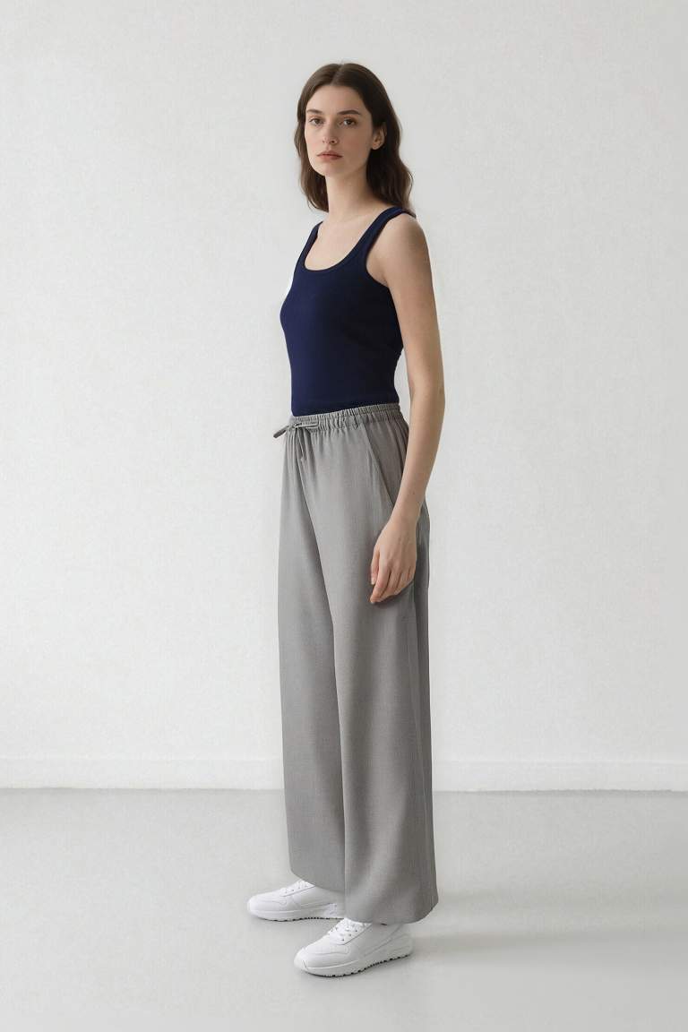 Afra x Defacto Coool Wide Leg Kumaş Palazzo Pantolon Geniş Bol Paça Beli Lastikli Bağcıklı Cepli
