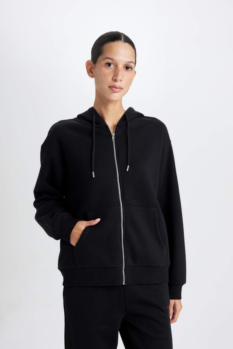 Relax Fit Hooded Pocket Basic Zippered Sweatshirt