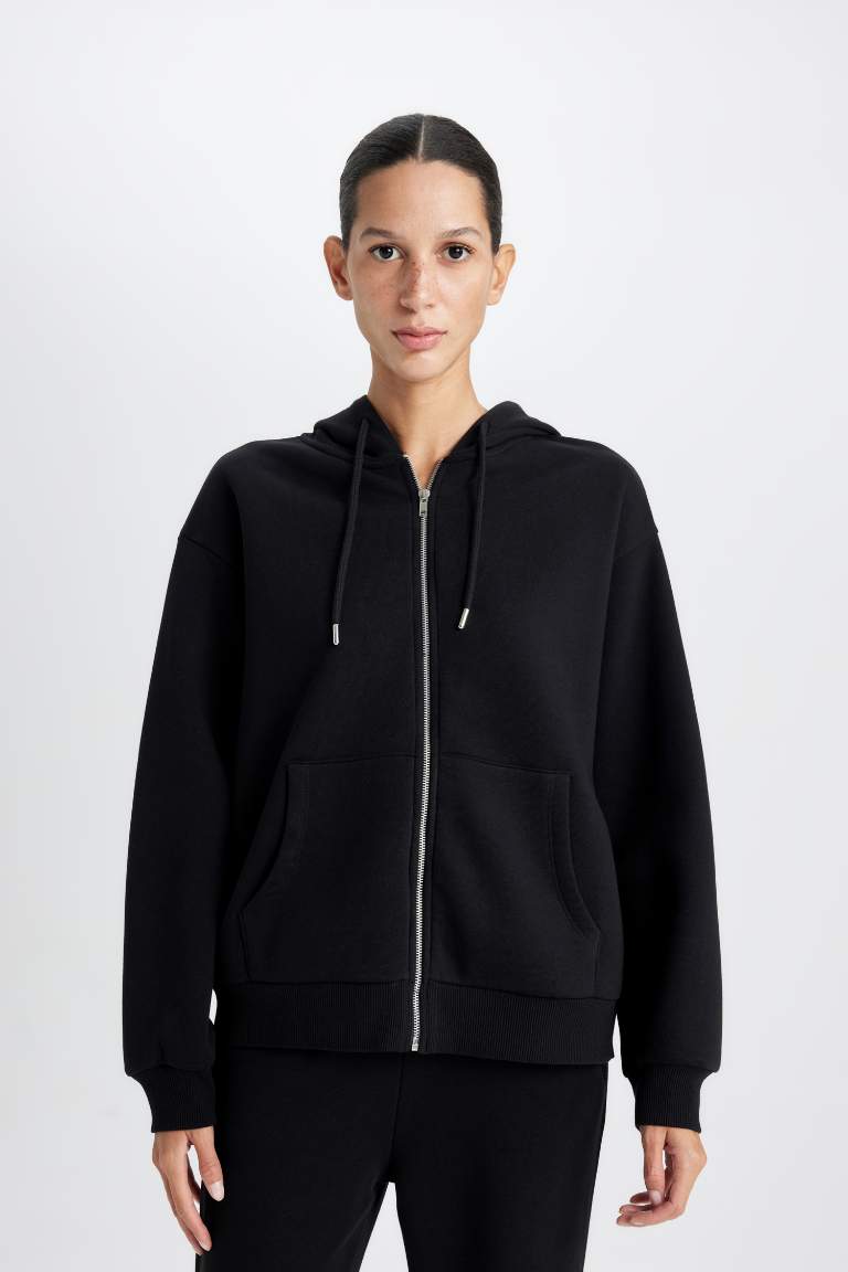 Relax Fit Hooded Pocket Basic Zippered Sweatshirt