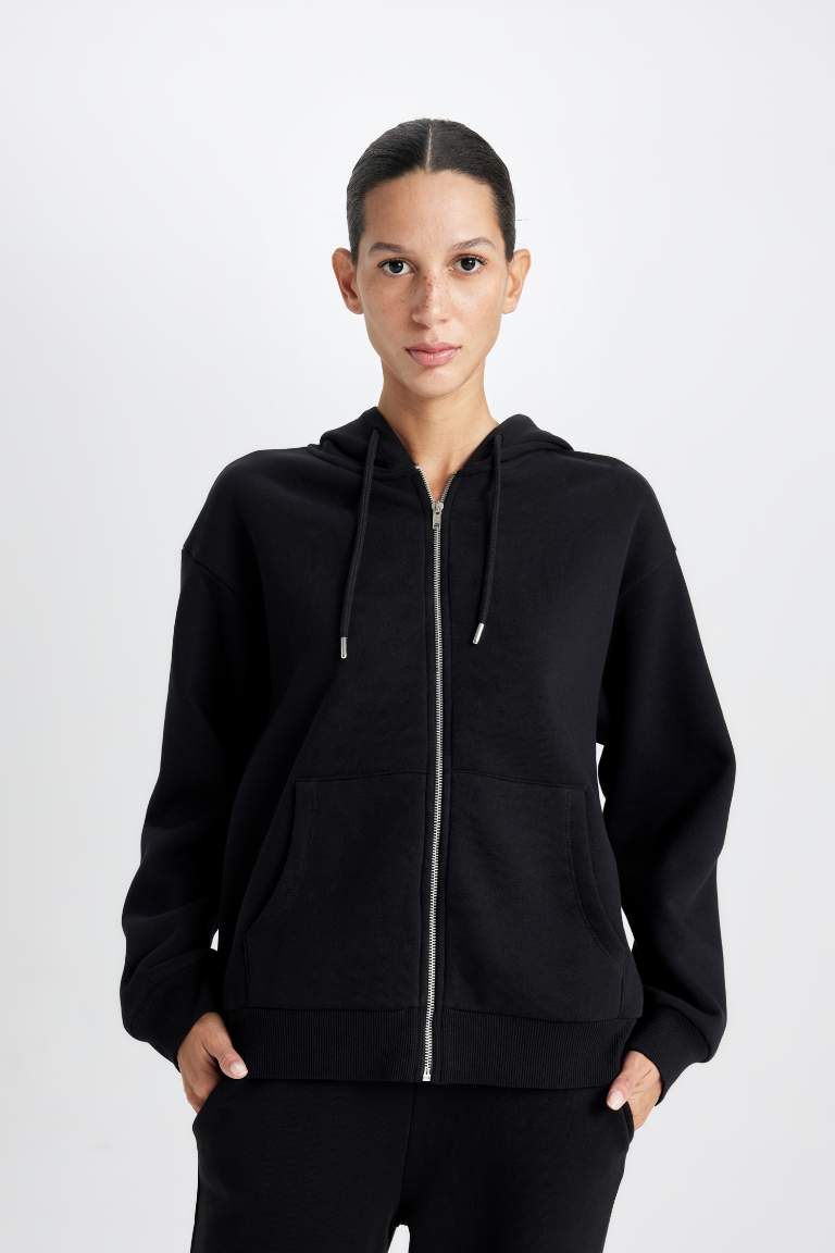 Relax Fit Hooded Pocket Basic Zippered Sweatshirt