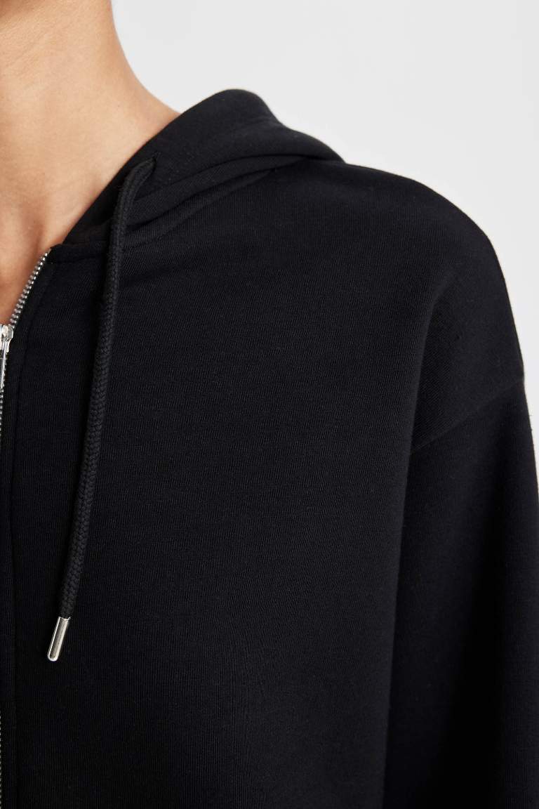 Relax Fit Hooded Pocket Basic Zippered Sweatshirt