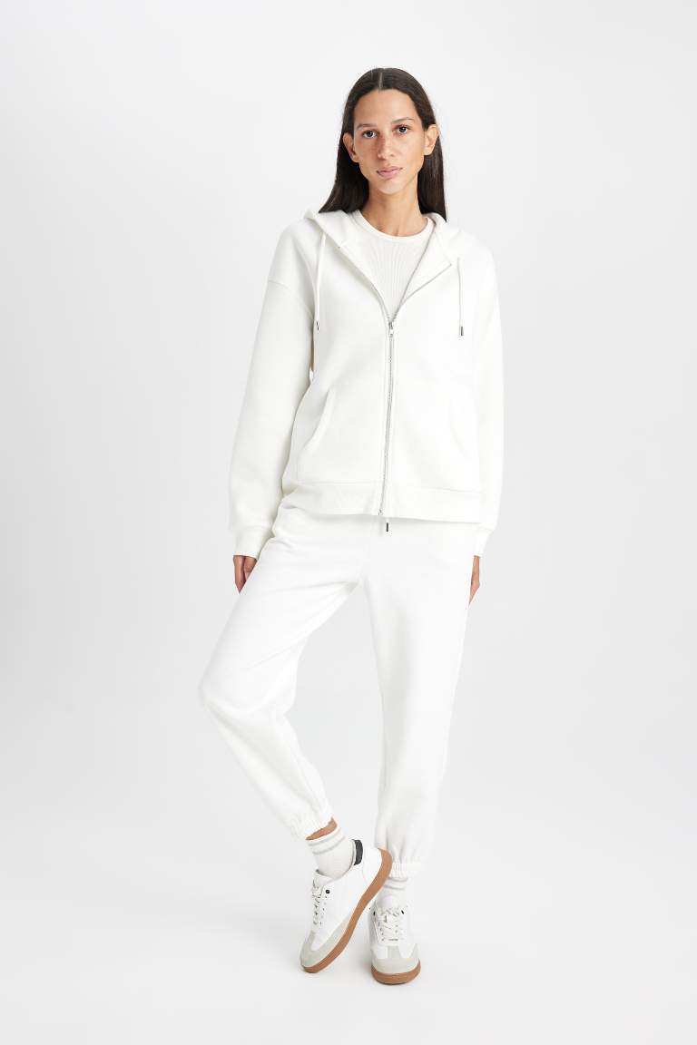 Relax Fit Hooded Basic Zippered Sweat Cardigan