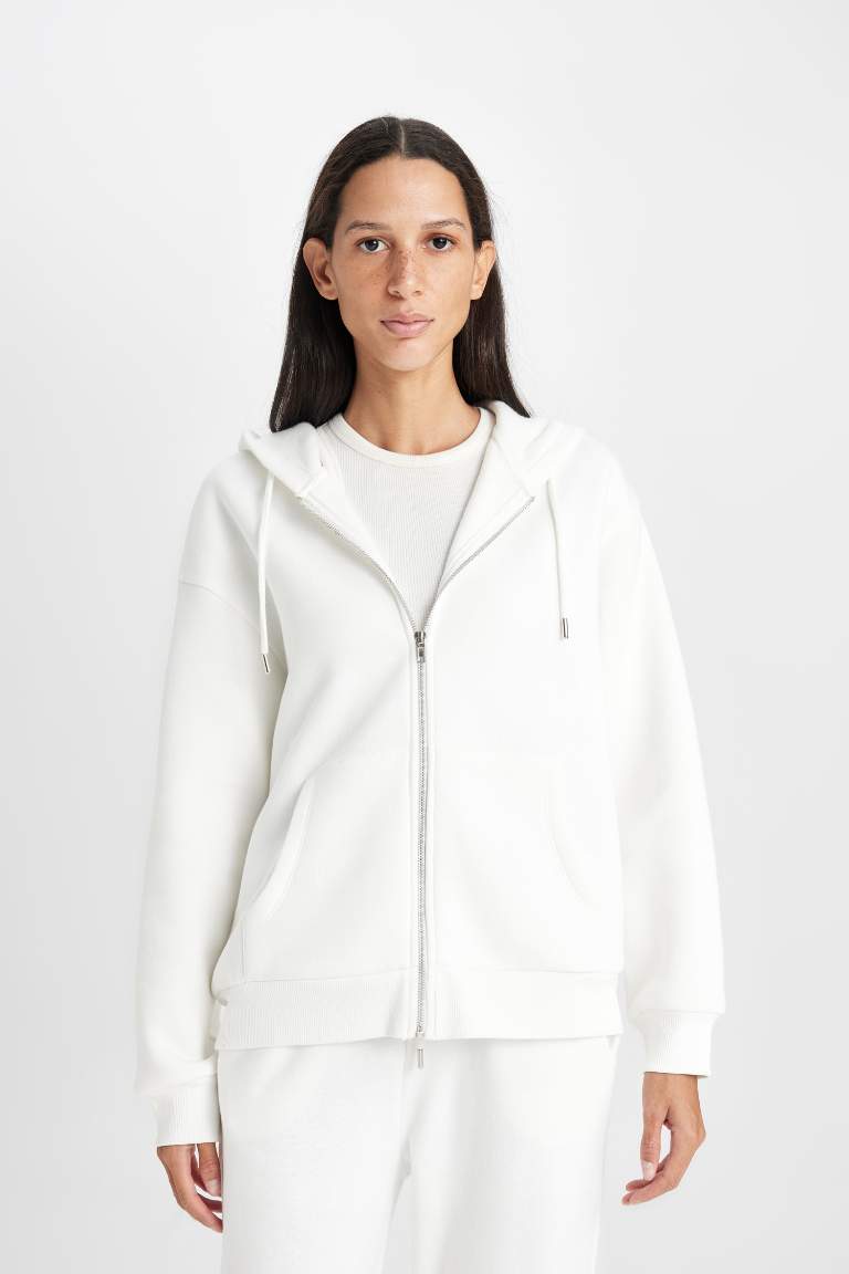 Relax Fit Hooded Basic Zippered Sweat Cardigan