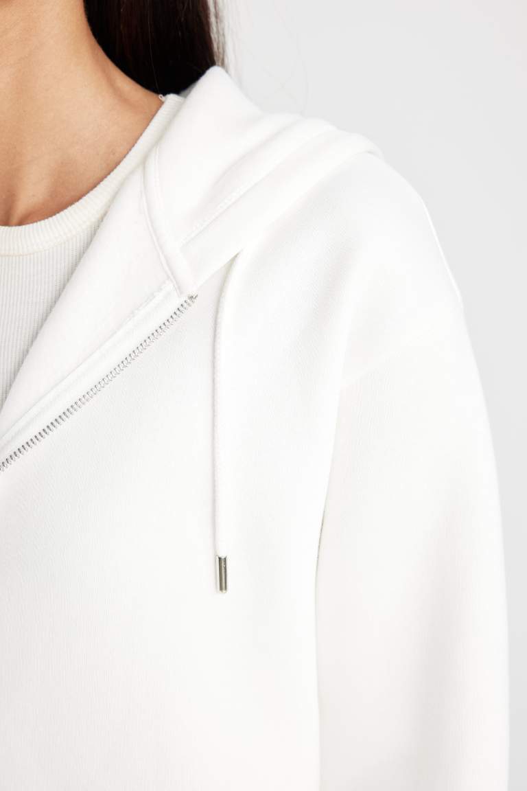 Relax Fit Hooded Basic Zippered Sweat Cardigan