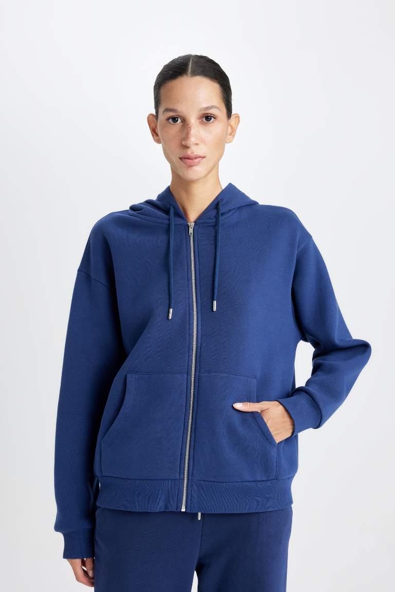 Relax Fit Hooded Pocket Basic Zippered Sweatshirt