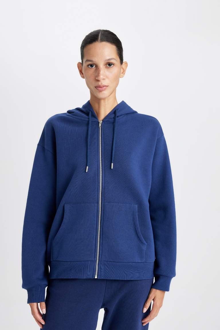 Relax Fit Hooded Pocket Basic Zippered Sweatshirt