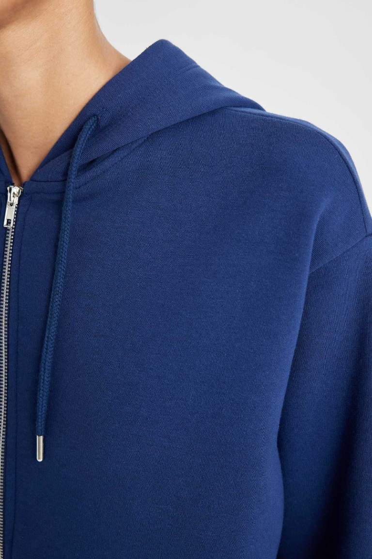 Relax Fit Hooded Pocket Basic Zippered Sweatshirt