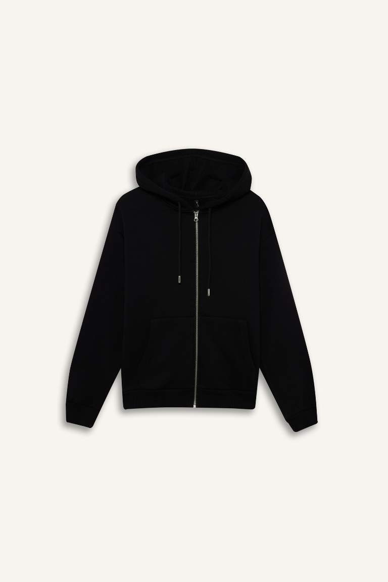 Relax Fit Kapüşonlu Basic Düz Kalın Fermuarlı Sweatshirt