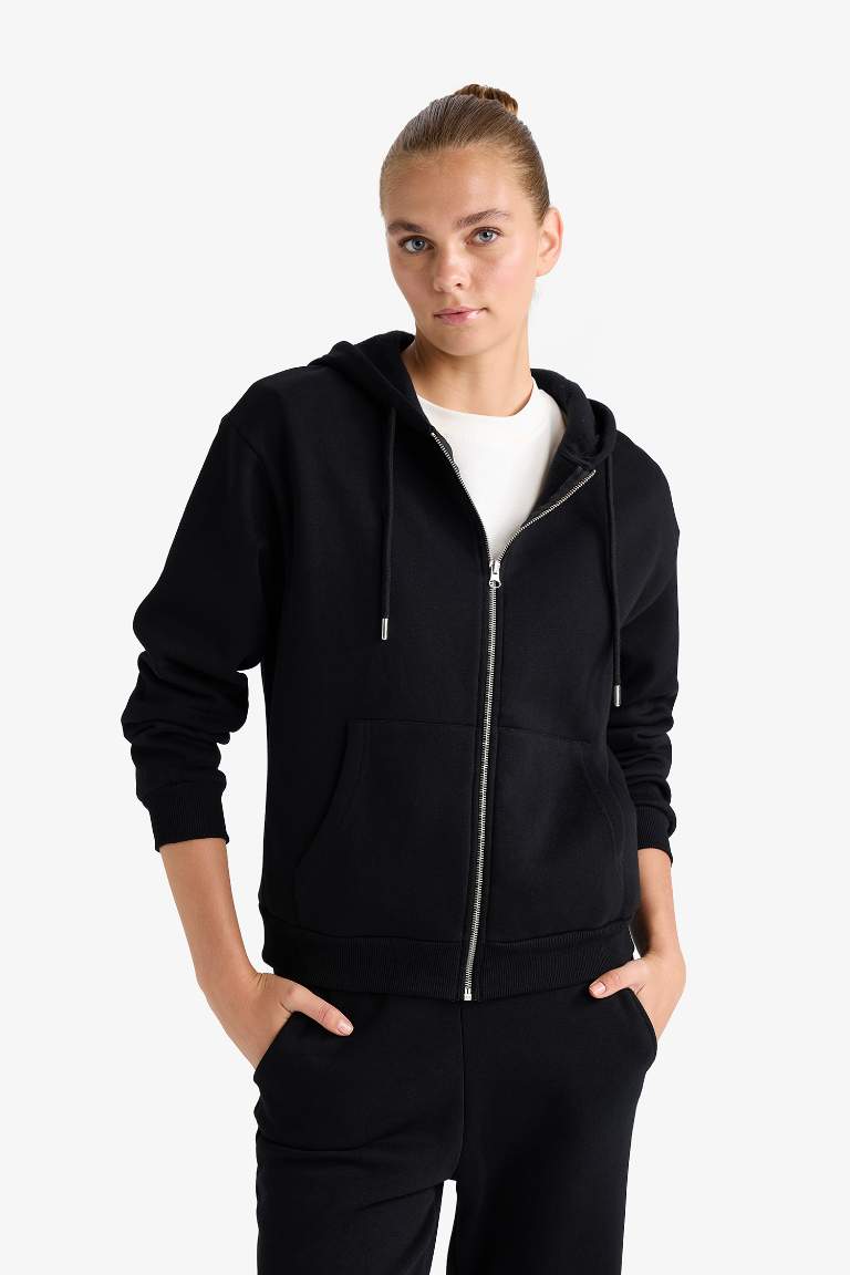 Relax Fit Hooded Basic Thick Fabric Cardigan