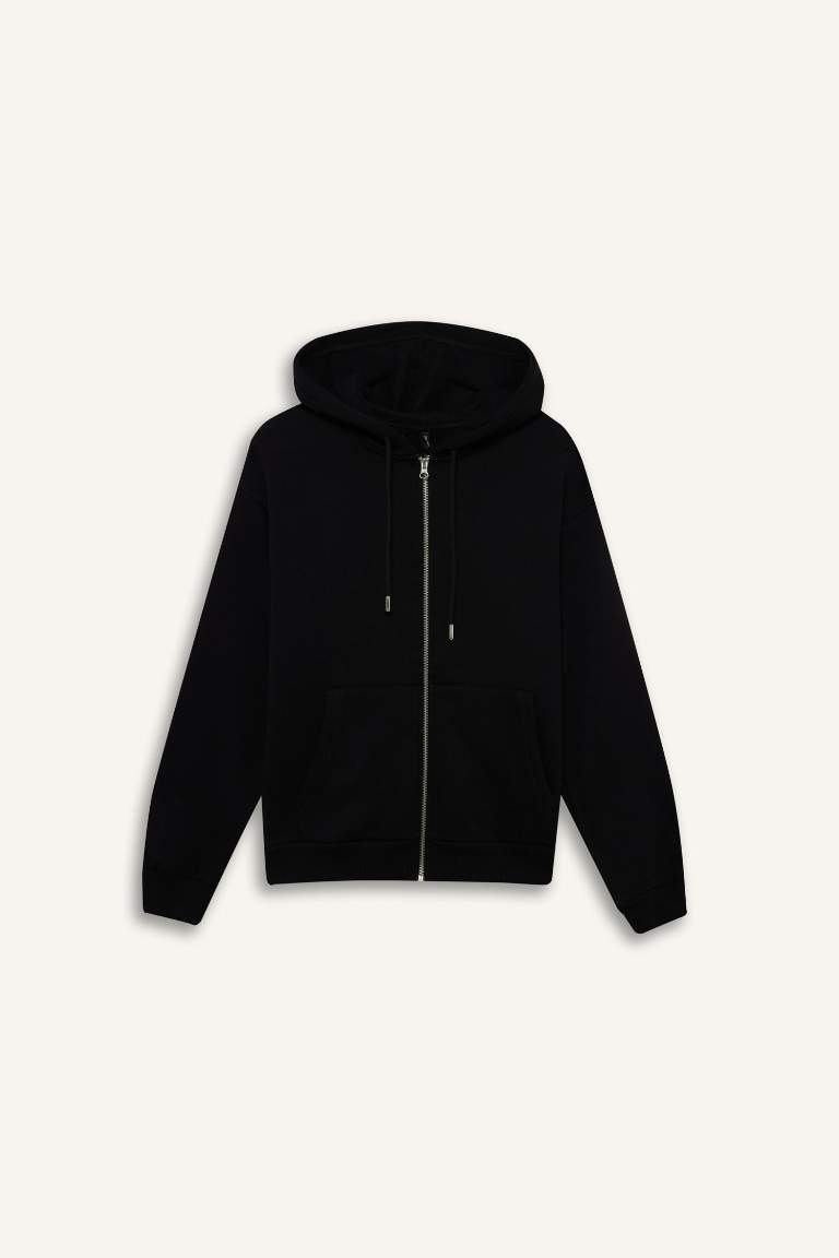 Relax Fit Hooded Basic Thick Fabric Cardigan