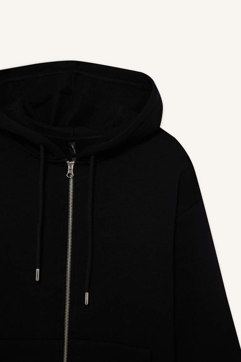 Relax Fit Hooded Basic Thick Fabric Cardigan