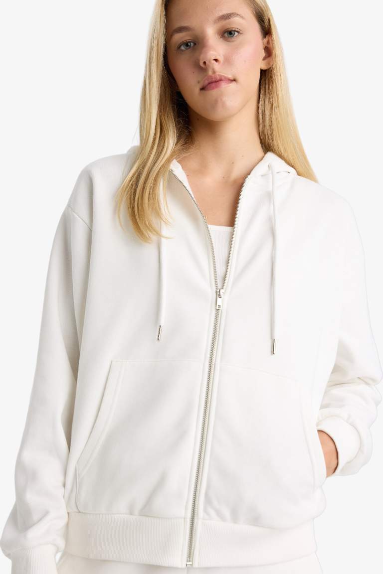 Relax Fit Kapüşonlu Cepli Basic Düz Fermuarlı Sweatshirt