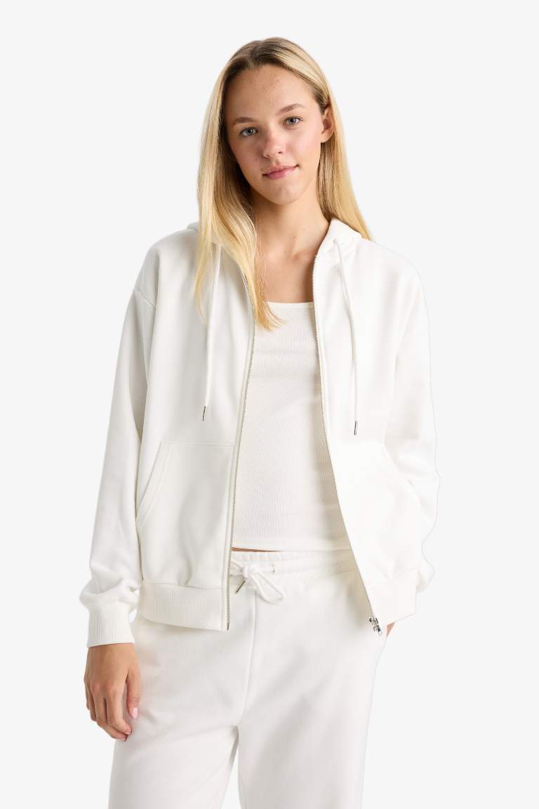 Relax Fit Kapüşonlu Cepli Basic Düz Fermuarlı Sweatshirt