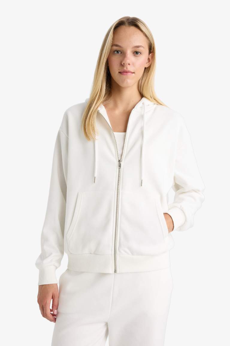 Relax Fit Kapüşonlu Cepli Basic Düz Fermuarlı Sweatshirt