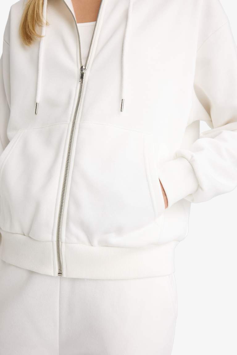 Relax Fit Kapüşonlu Cepli Basic Düz Fermuarlı Sweatshirt