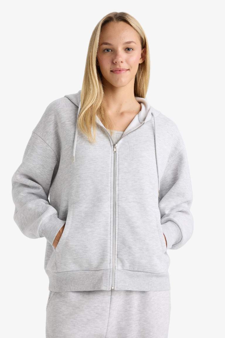 Relax Fit Kapüşonlu Basic Düz Kalın Fermuarlı Sweatshirt