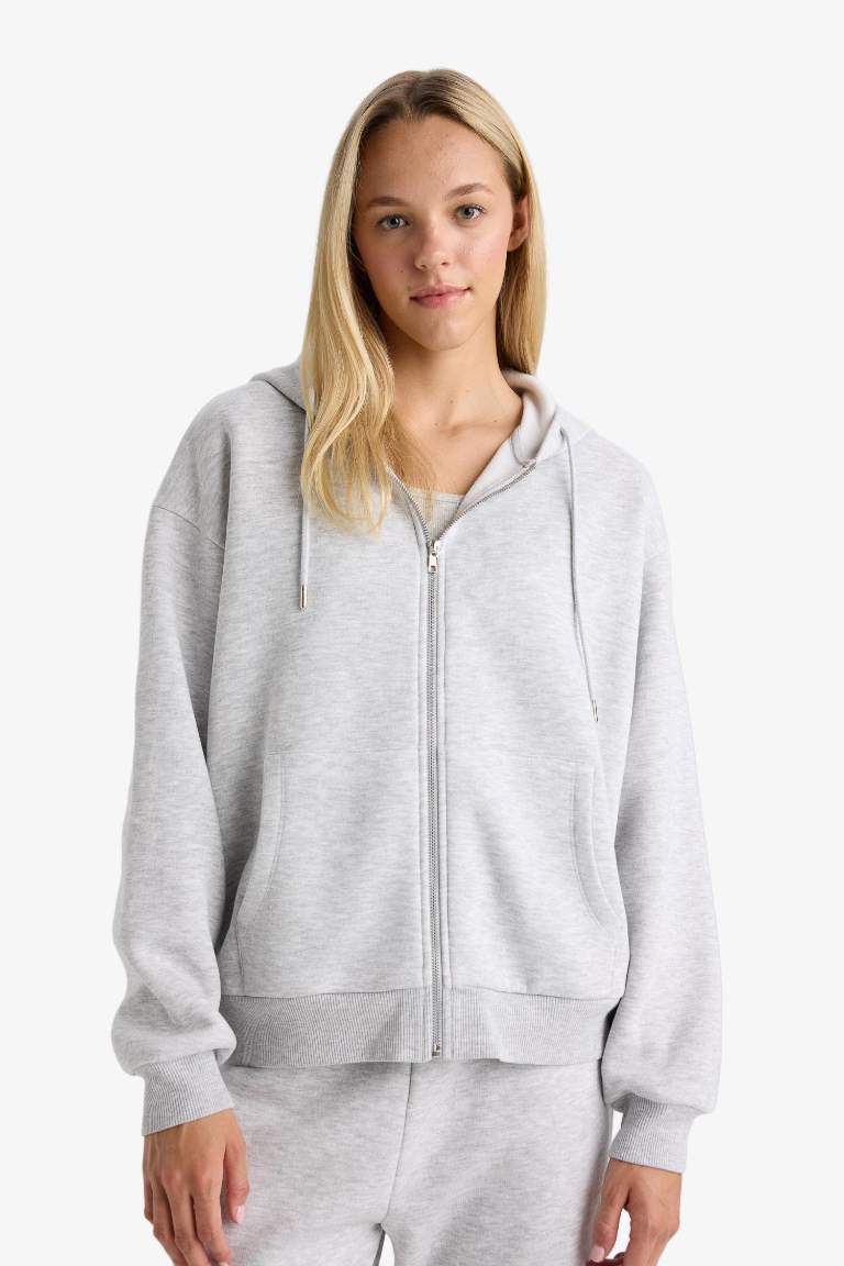 Relax Fit Kapüşonlu Basic Düz Kalın Fermuarlı Sweatshirt