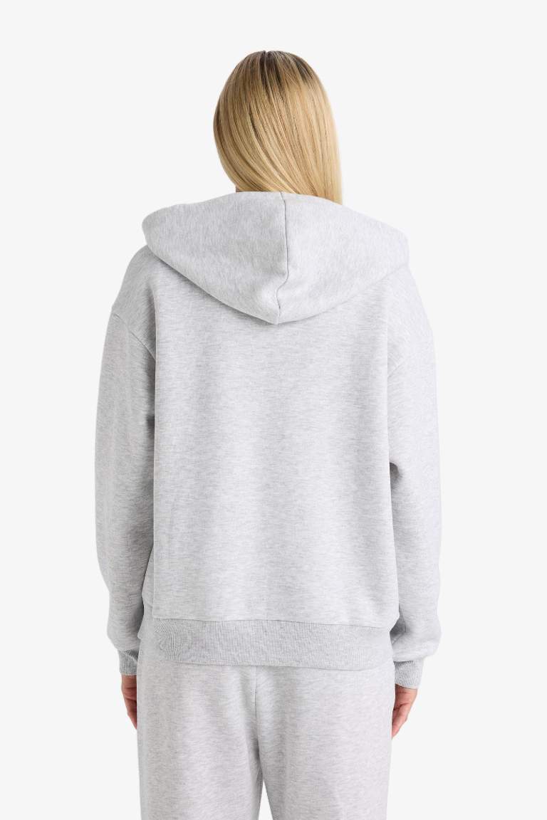 Relax Fit Kapüşonlu Basic Düz Kalın Fermuarlı Sweatshirt