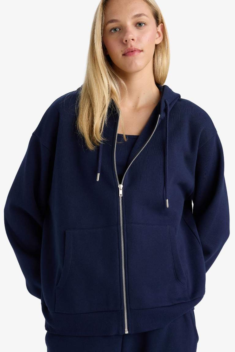 Relax Fit Kapüşonlu Basic Düz Kalın Fermuarlı Sweatshirt