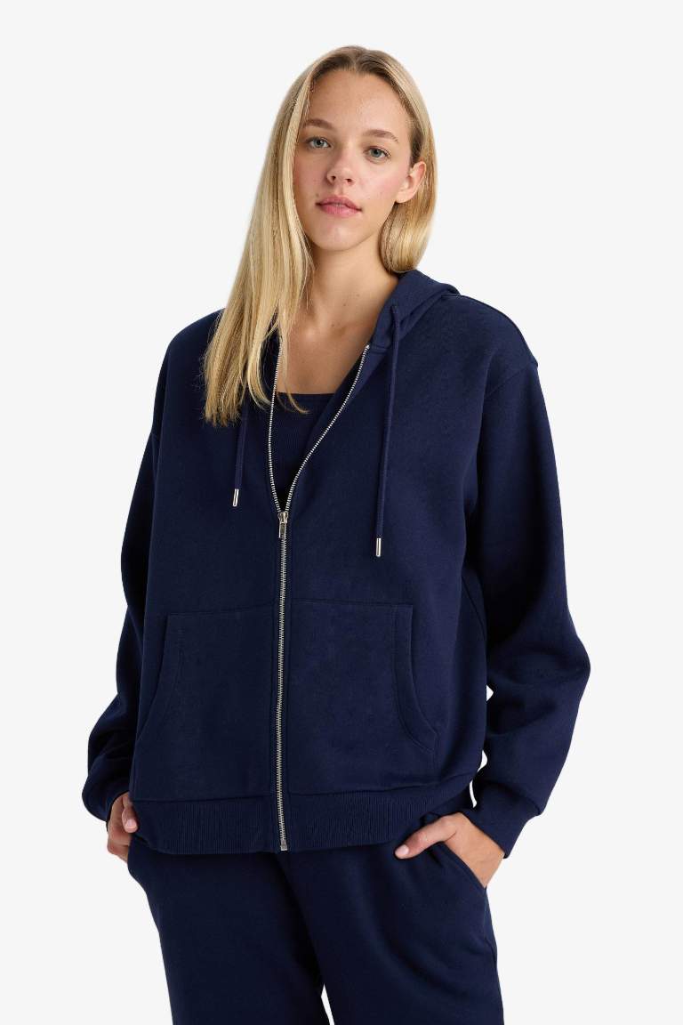 Relax Fit Kapüşonlu Basic Düz Kalın Fermuarlı Sweatshirt