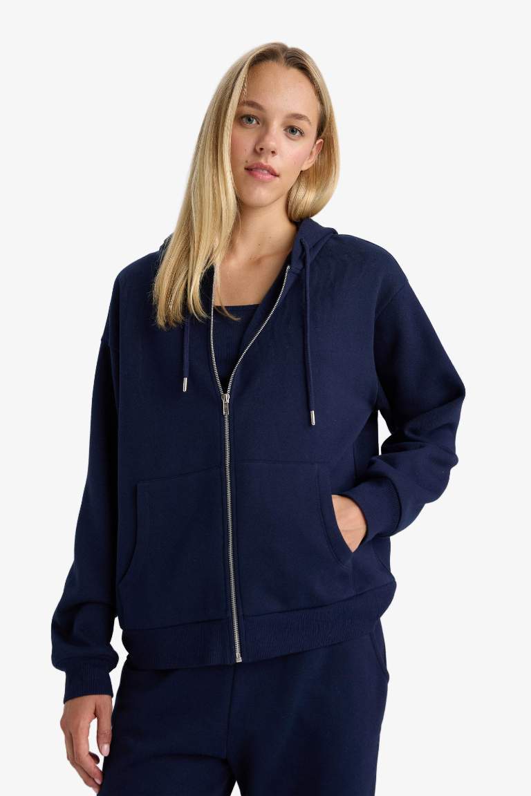 Relax Fit Kapüşonlu Basic Düz Kalın Fermuarlı Sweatshirt