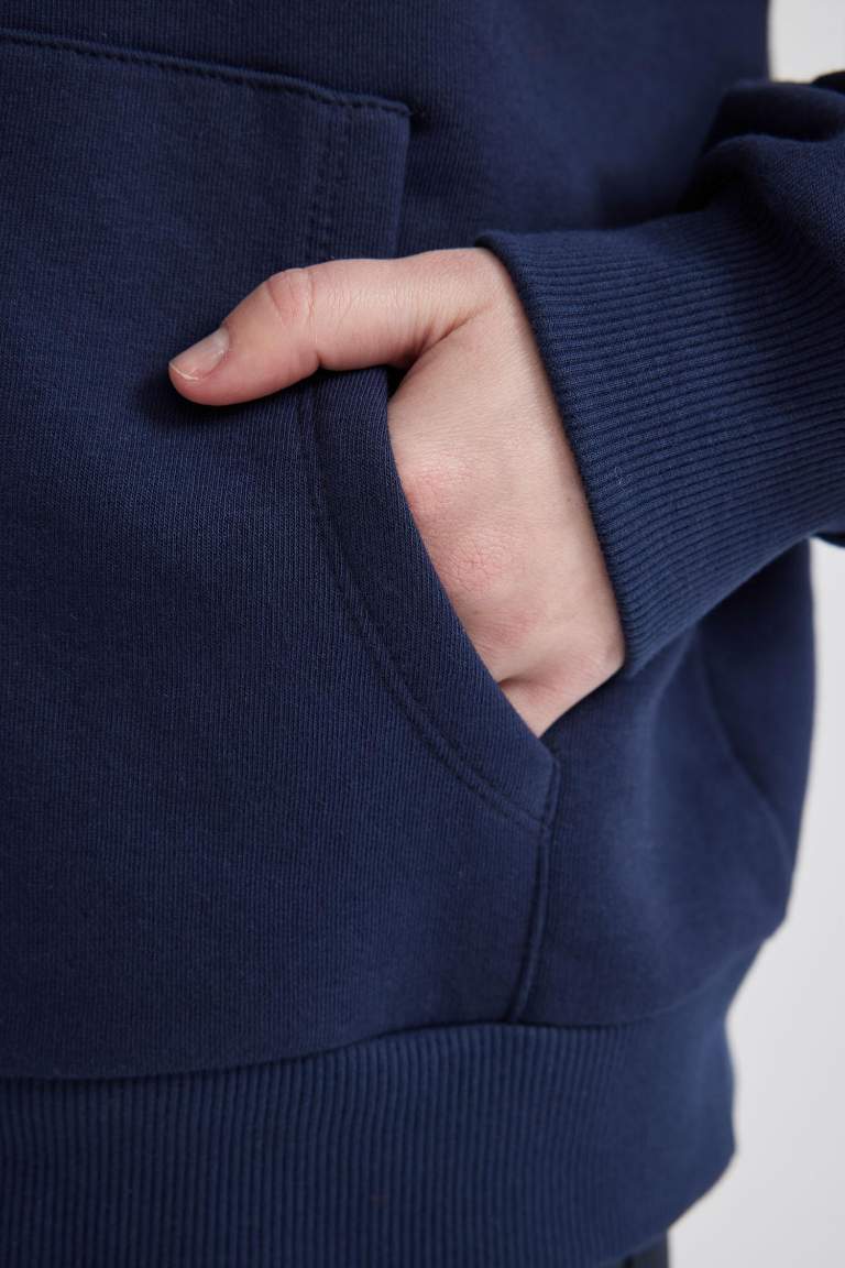 Relax Fit Kapüşonlu Basic Düz Kalın Fermuarlı Sweatshirt