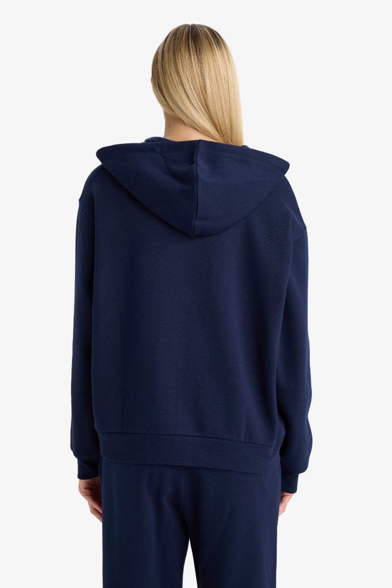 Relax Fit Kapüşonlu Basic Düz Kalın Fermuarlı Sweatshirt
