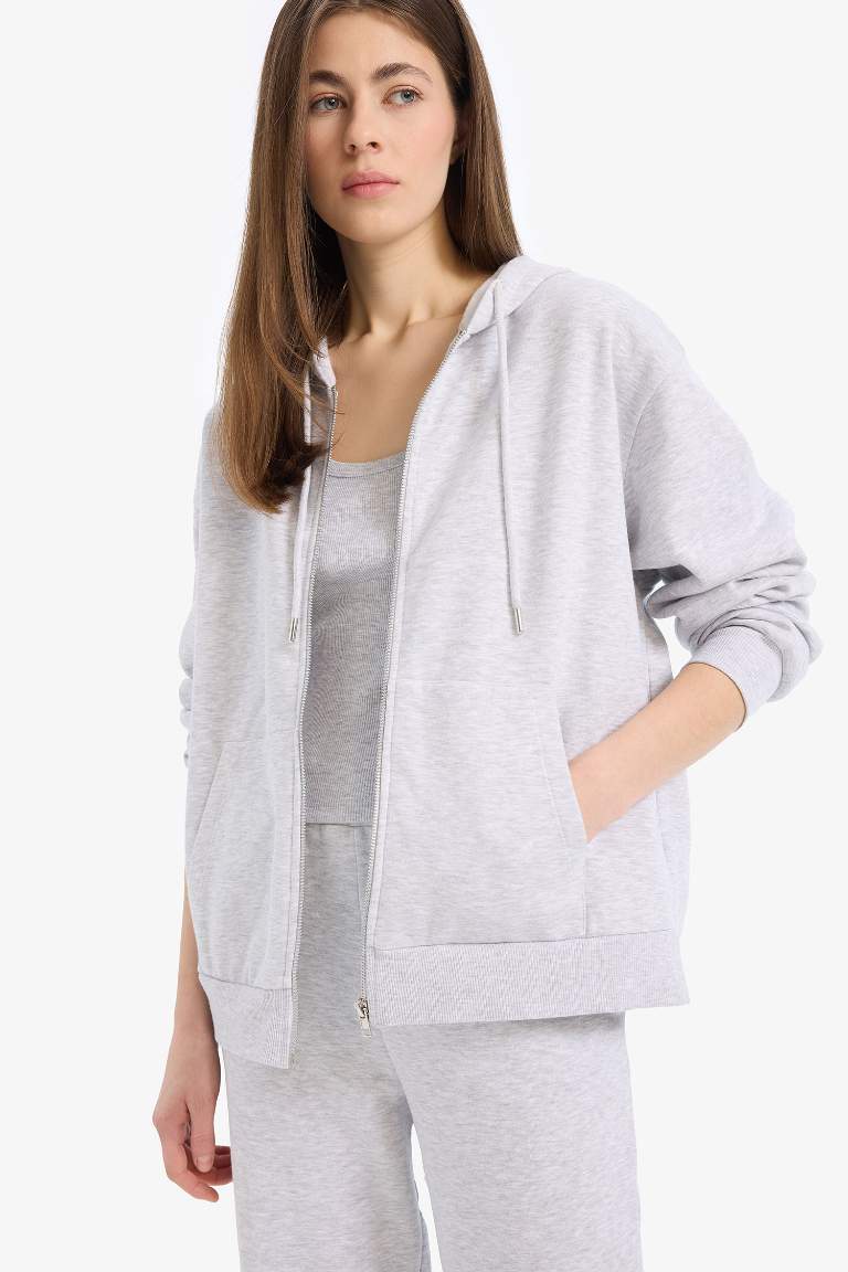 Relax Fit Hooded Basic Thick Sweatshirt Fabric Cardigan