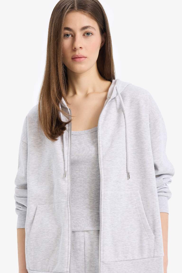 Relax Fit Hooded Basic Thick Sweatshirt Fabric Cardigan