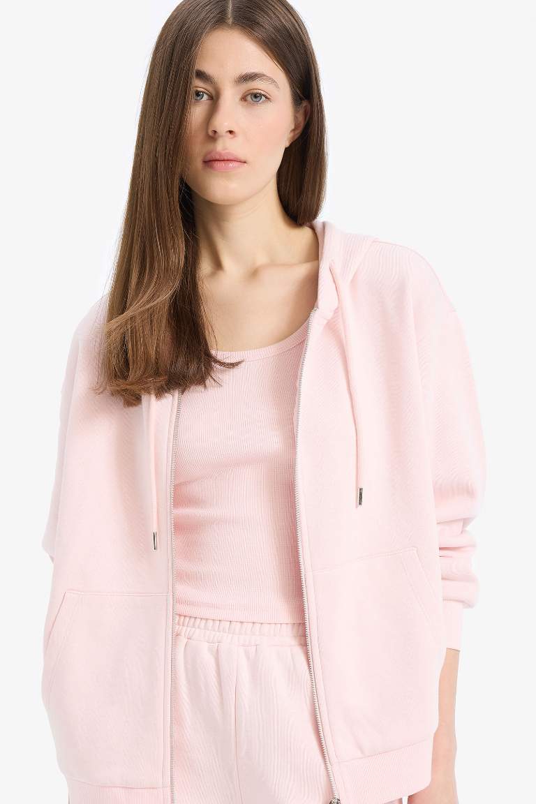 Relax Fit Hooded Basic Thick Sweatshirt Fabric Cardigan